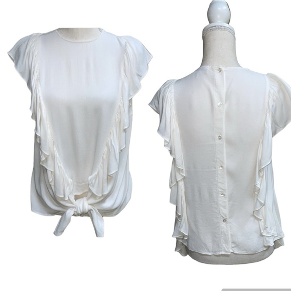 Frame Flutter Ruffled Tie Front Button Back Top Ivory Off White Cap Sleeve - Picture 9 of 14